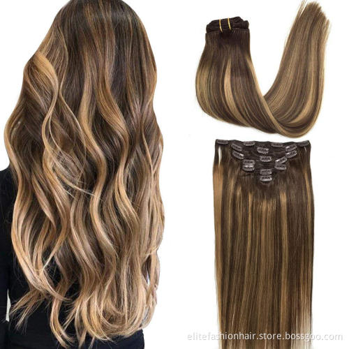 Clip in Human Hair Extensions, 18 Inch 120g 7pcs Dark Brown to Chestnut Brown Balayage Hair Extensions Clip In Human Hair